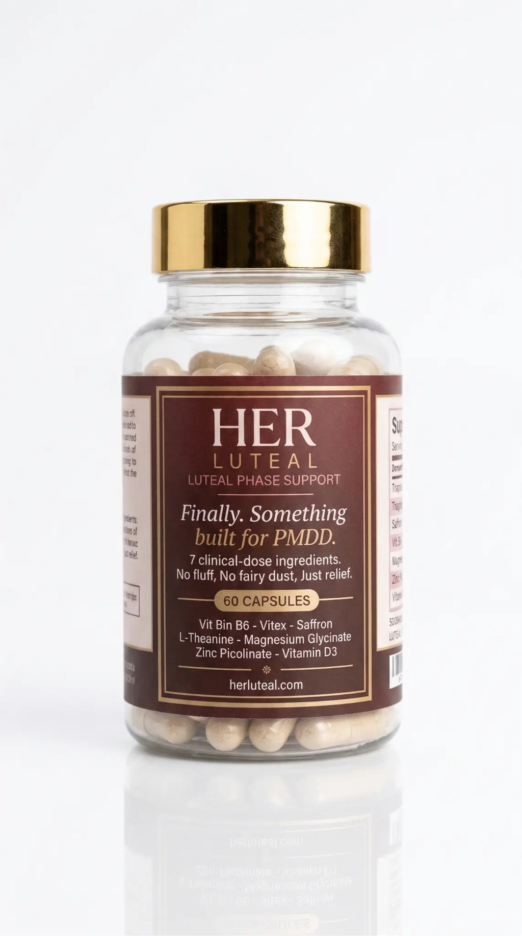 HerLuteal PMDD Cycle Support — glass jar with gold cap and dark burgundy label