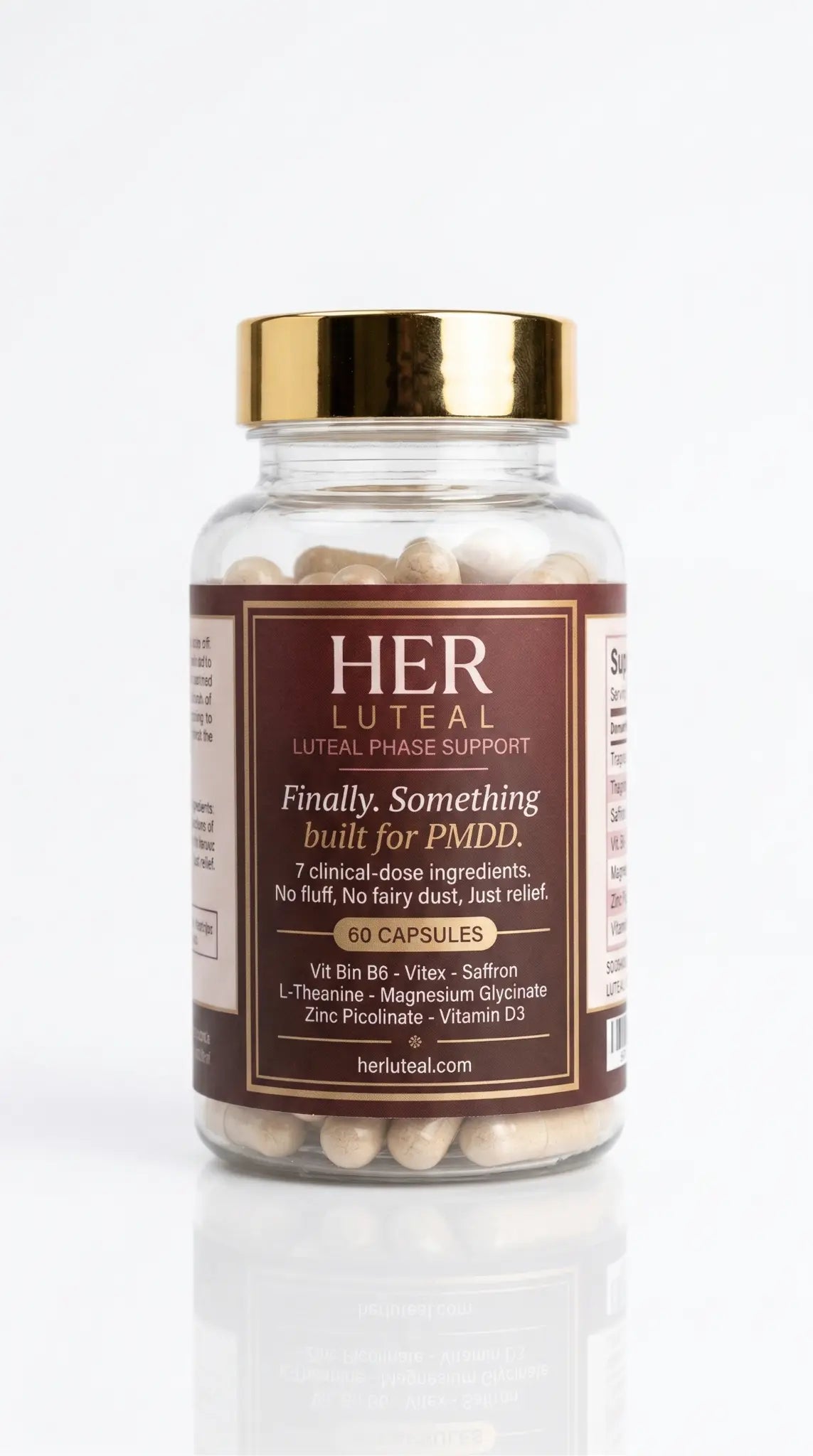 HerLuteal PMDD Cycle Support — glass jar with gold cap and dark burgundy label